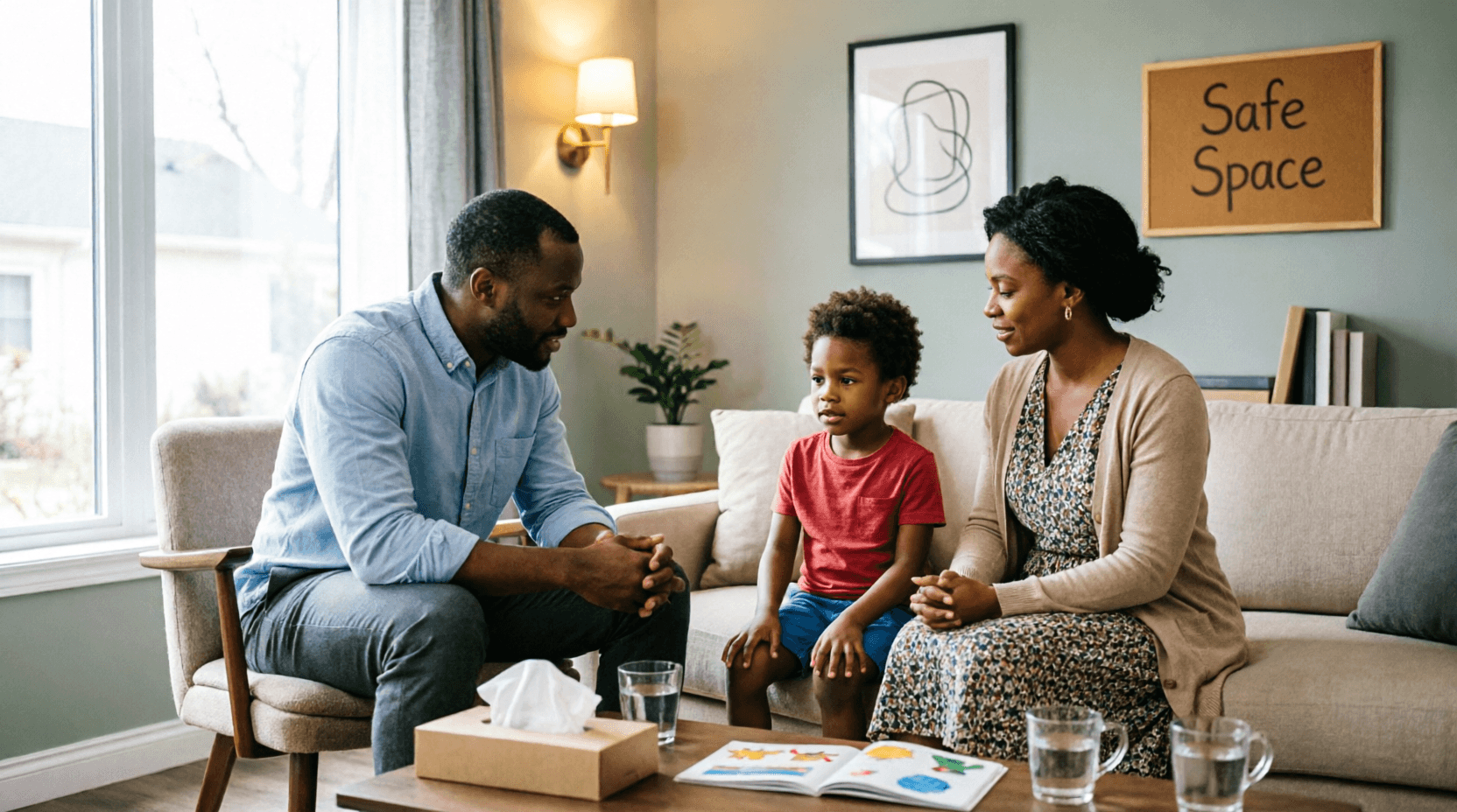 Family therapy session in a welcoming counseling space