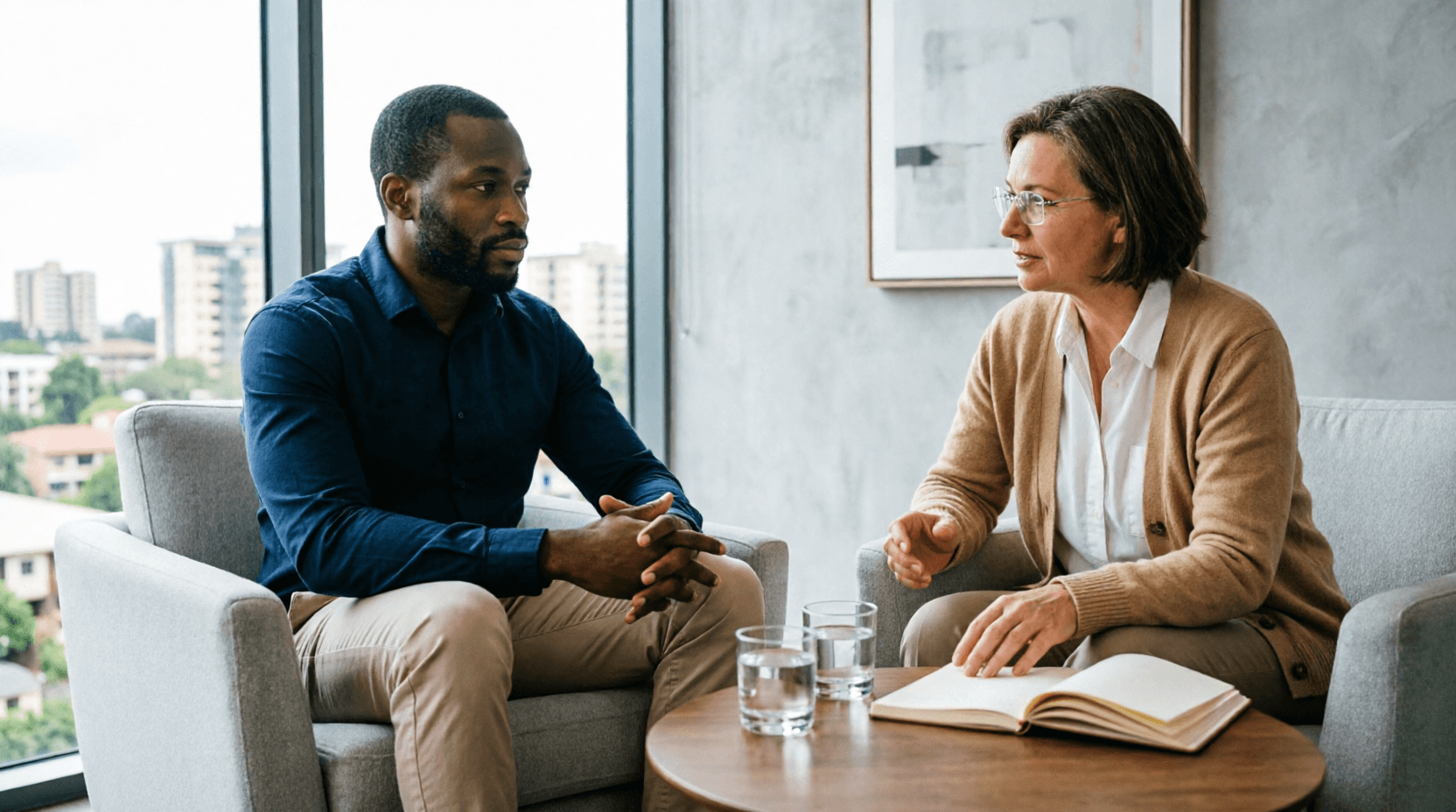 One-on-one individual counseling session in a calm Nairobi office